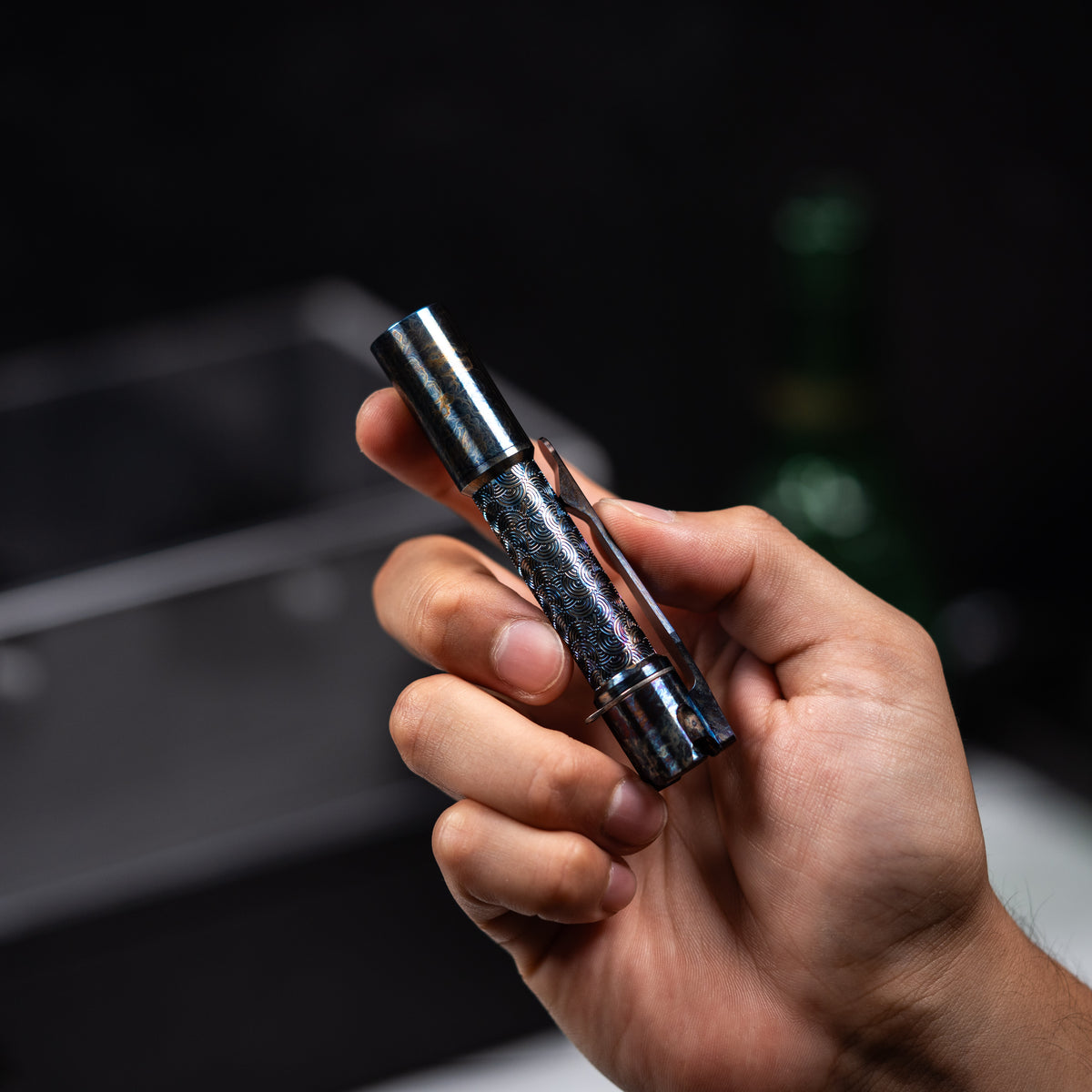 Drop Date (10/21): Reylight x URBAN Pineapple Mini Flashlight - Entropic Ti Chaos Seigaiha™ w/ Milled Ti Clip