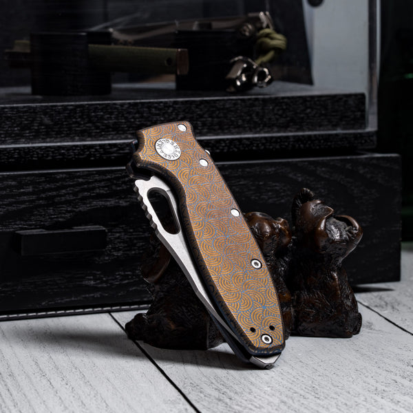 Drop Date (08/05): Demko x URBAN Shark-A-Tac - Magnacut Clip Point & Blue Titanium w/ Bronze Chaos Seigaiha™ (Custom)