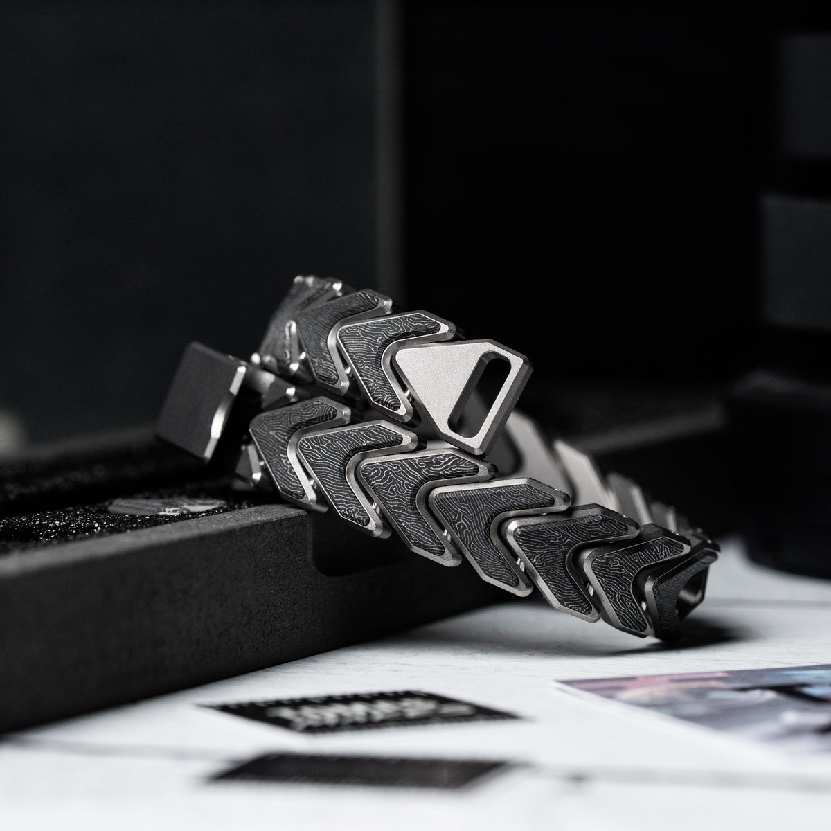 Drop Date (09/23): Tomas Makes Vector Bracelet - Zirblast Titanium w/ Space Coral Stainless Carbon Fiber (Custom)