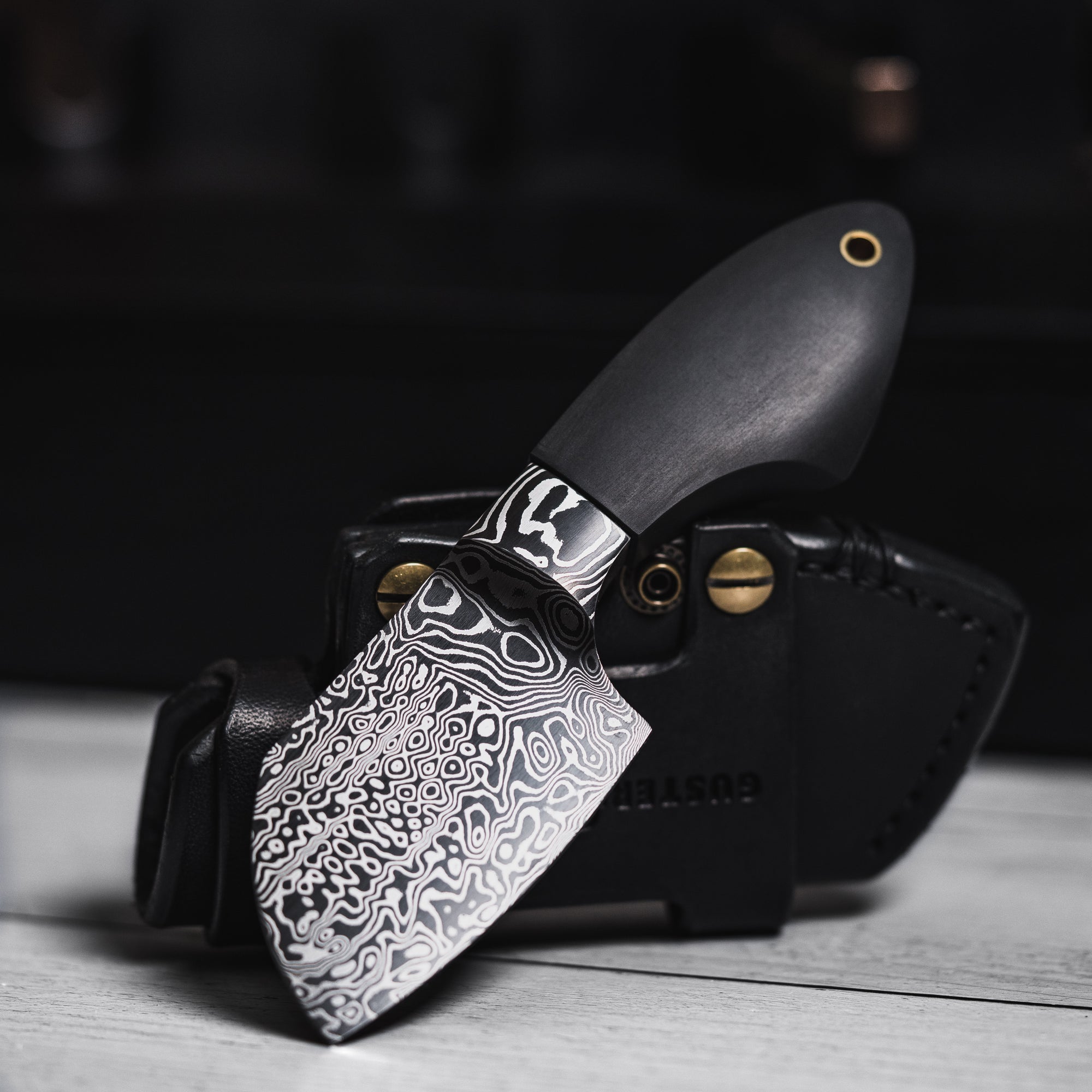 Drop Date (08/19): JSK Mini Cleaver - Damascus & Black Richlite w/ Brass Spacer (Custom)
