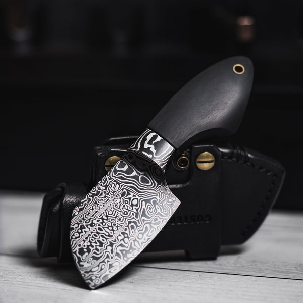 Drop Date (08/19): JSK Mini Cleaver - Damascus & Black Richlite w/ Brass Spacer (Custom)