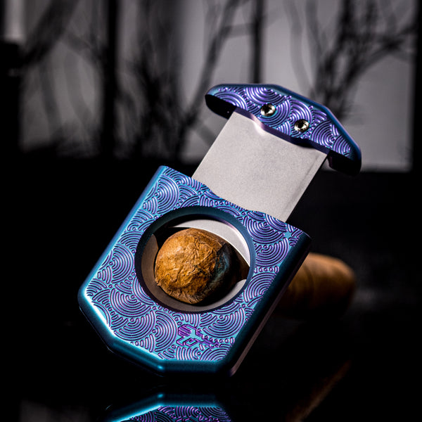 Griffworx x Urban EDC Scarab Cigar Cutter - Blue Purple Titanium Chaos Seigaiha