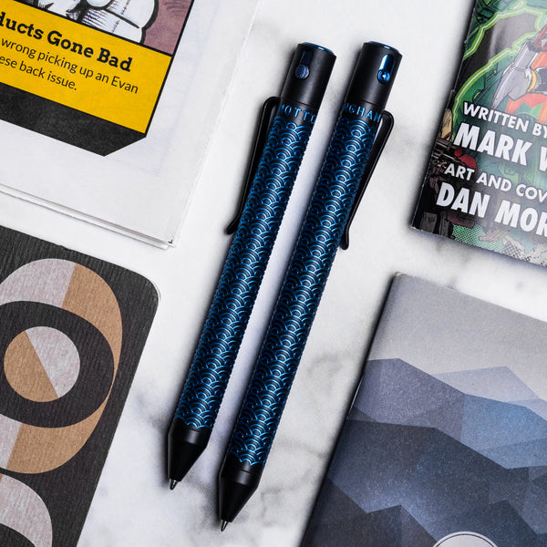 Nottingham Tactical TiButton Single Lock Pen - Two-Tone Black Ti Cerakote w/ Blue Seigaiha (Exclusive)