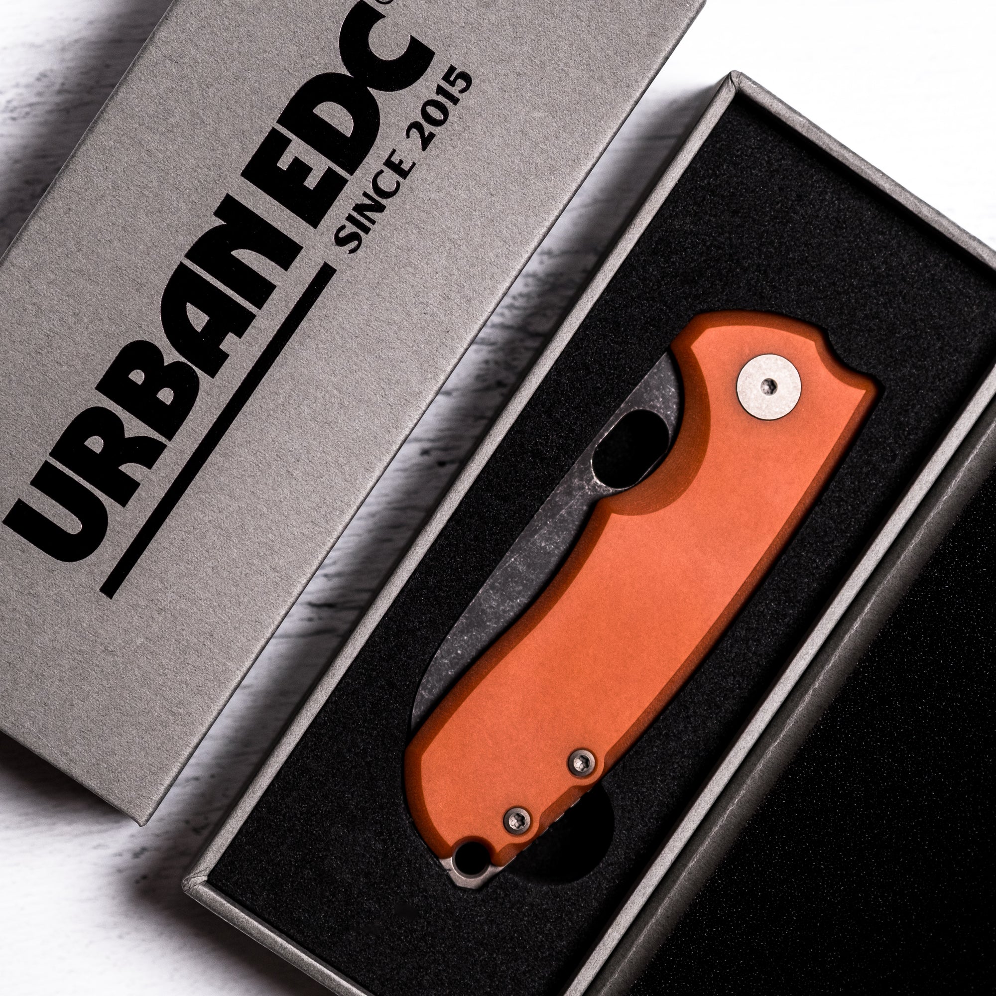 Urban EDC x Unbox Therapy F5.5 - Orange Paper Micarta w/ Acid-Etched M390