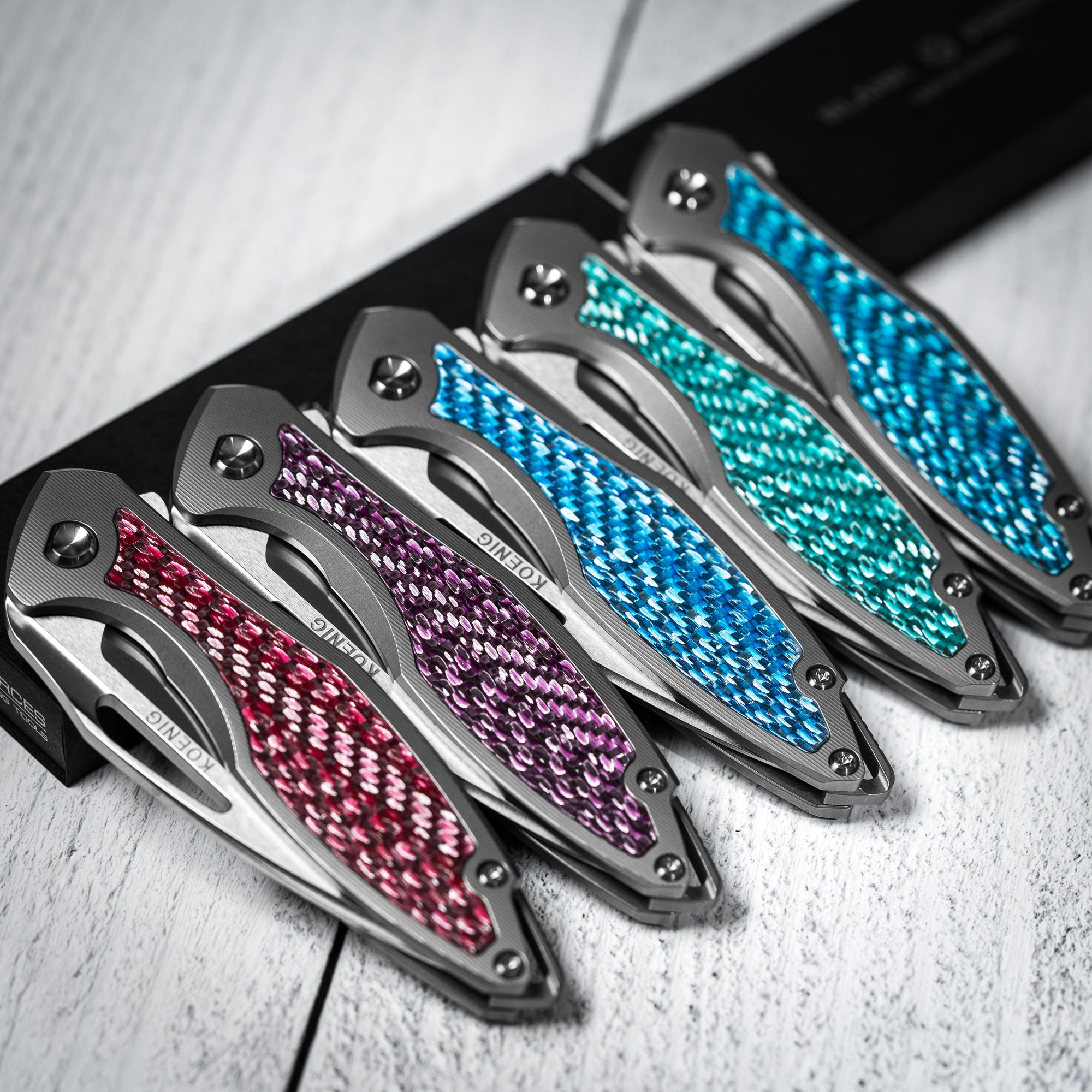 Drop Date (07/08): Koenig Mini Arius Flipper - Brightwashed w/ Polished Flats M390 & Titanium w/ Twill Inlay