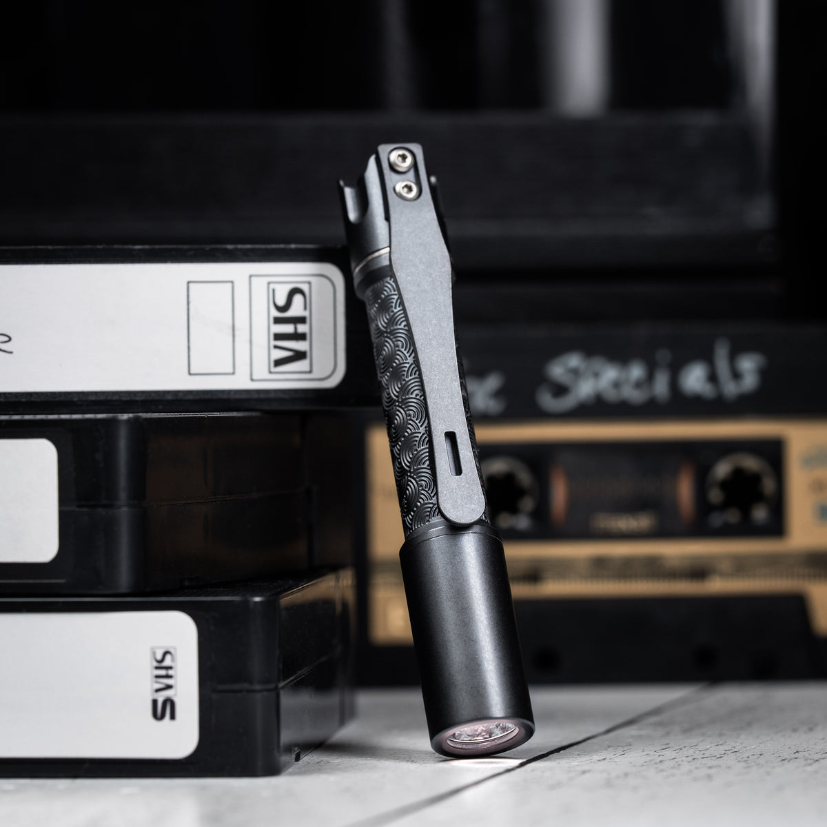 Drop Date (10/28): Reylight x URBAN Pineapple Mini Flashlight - Black Oil Ti Chaos Seigaiha™ w/ Milled Ti Clip