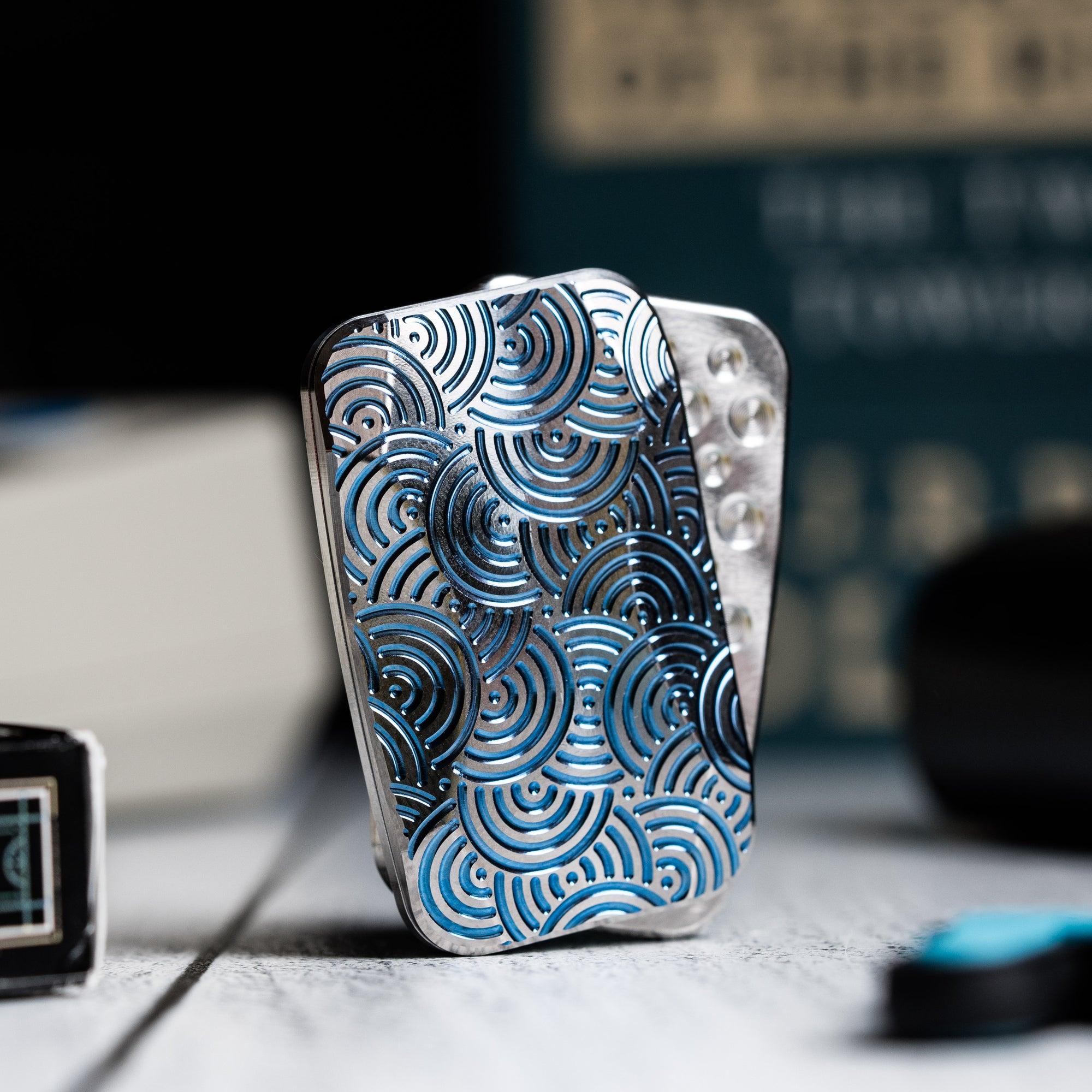Drop Date (06/03): Magnus x URBAN Squashed Toad Fidget Slider - Mid Blue Titanium w/ Chaos Seigaiha™ & SS Swiss Plates
