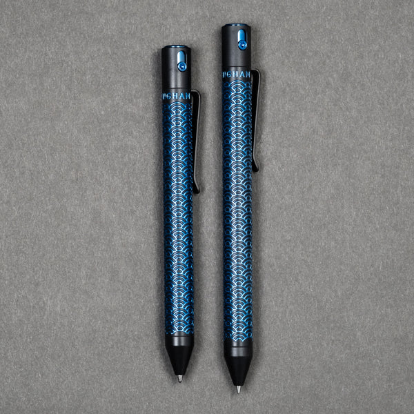 Nottingham Tactical TiButton Single Lock Pen - Two-Tone Black Ti Cerakote w/ Blue Seigaiha (Exclusive)