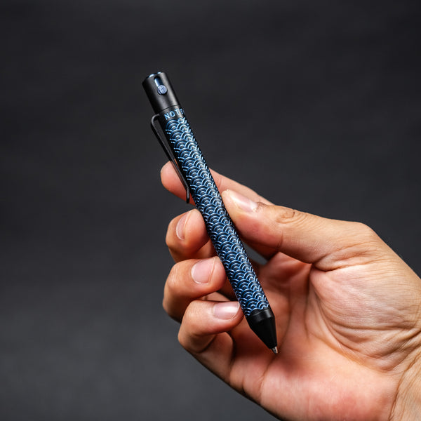 Nottingham Tactical TiButton Single Lock Pen - Two-Tone Black Ti Cerakote w/ Blue Seigaiha (Exclusive)