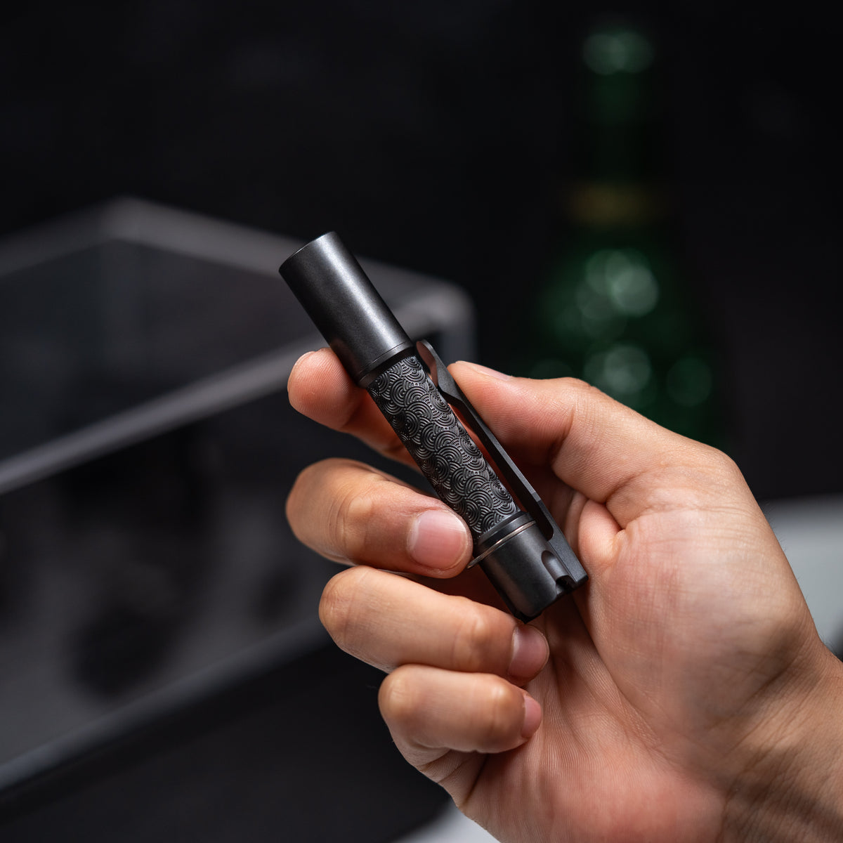 Reylight x URBAN Pineapple Mini Flashlight - Black Oil Ti Chaos Seigaiha™ w/ Milled Ti Clip