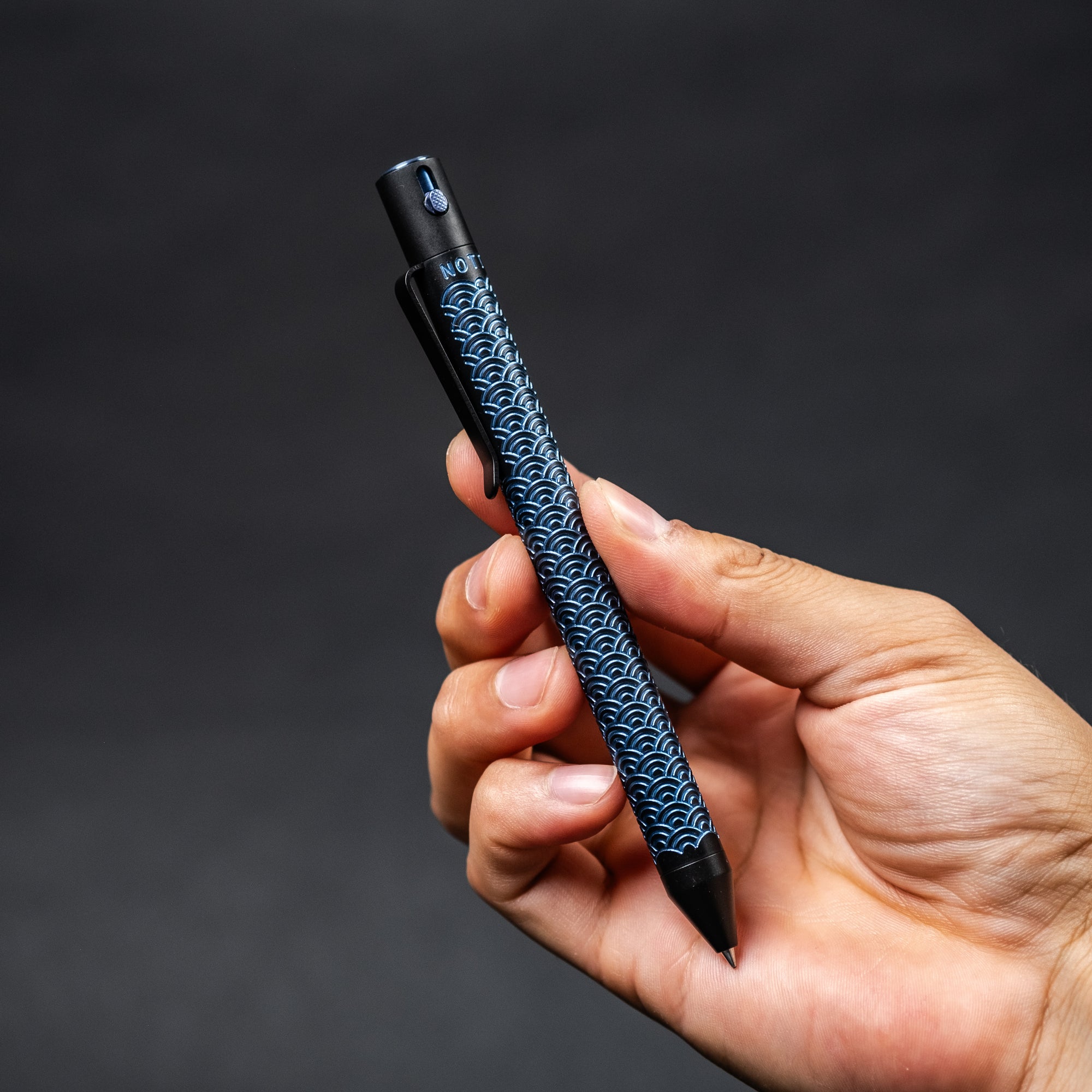 Nottingham Tactical TiButton Single Lock Pen - Two-Tone Black Ti Cerakote w/ Blue Seigaiha (Exclusive)