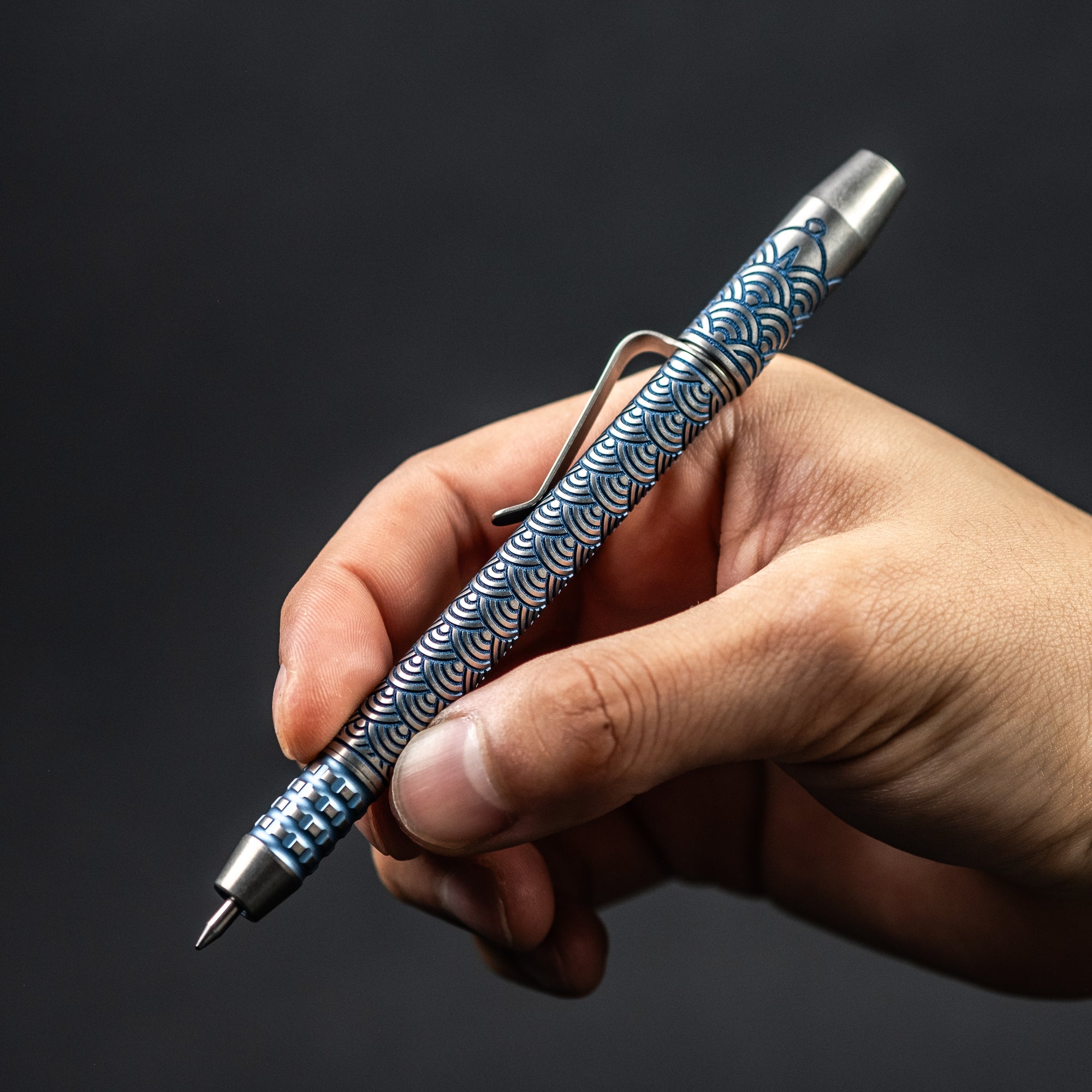 Ti2 Design x Urban EDC TechLiner Shorty Grid Pen - Blue Tumble Ti Seigaiha