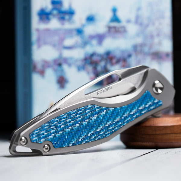 Drop Date (01/14): Koenig Arius Flipper - Brightwashed w/ Polished Flats M390 & Raised Blue Twill Inlay - URBAN EDC®