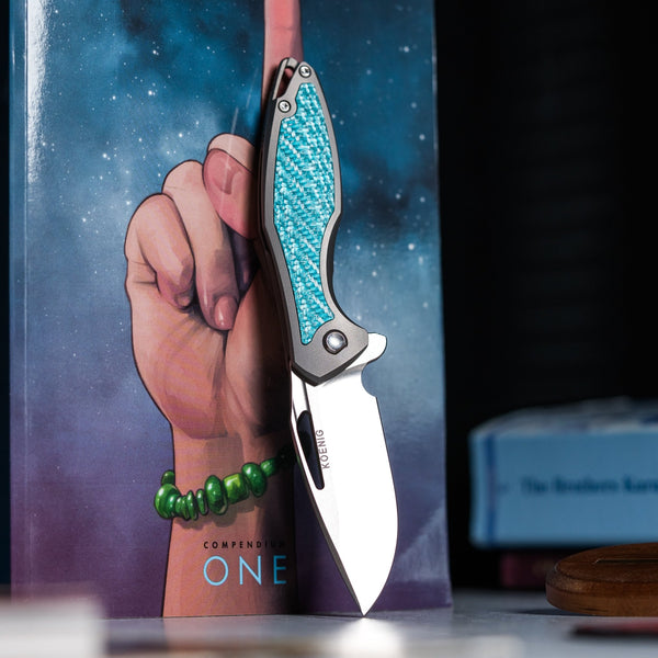 Drop Date (01/21): Koenig Mini Arius Flipper - Brightwashed w/ Polished Flats M390 & Aqua Teal Twill Inlay - URBAN EDC®