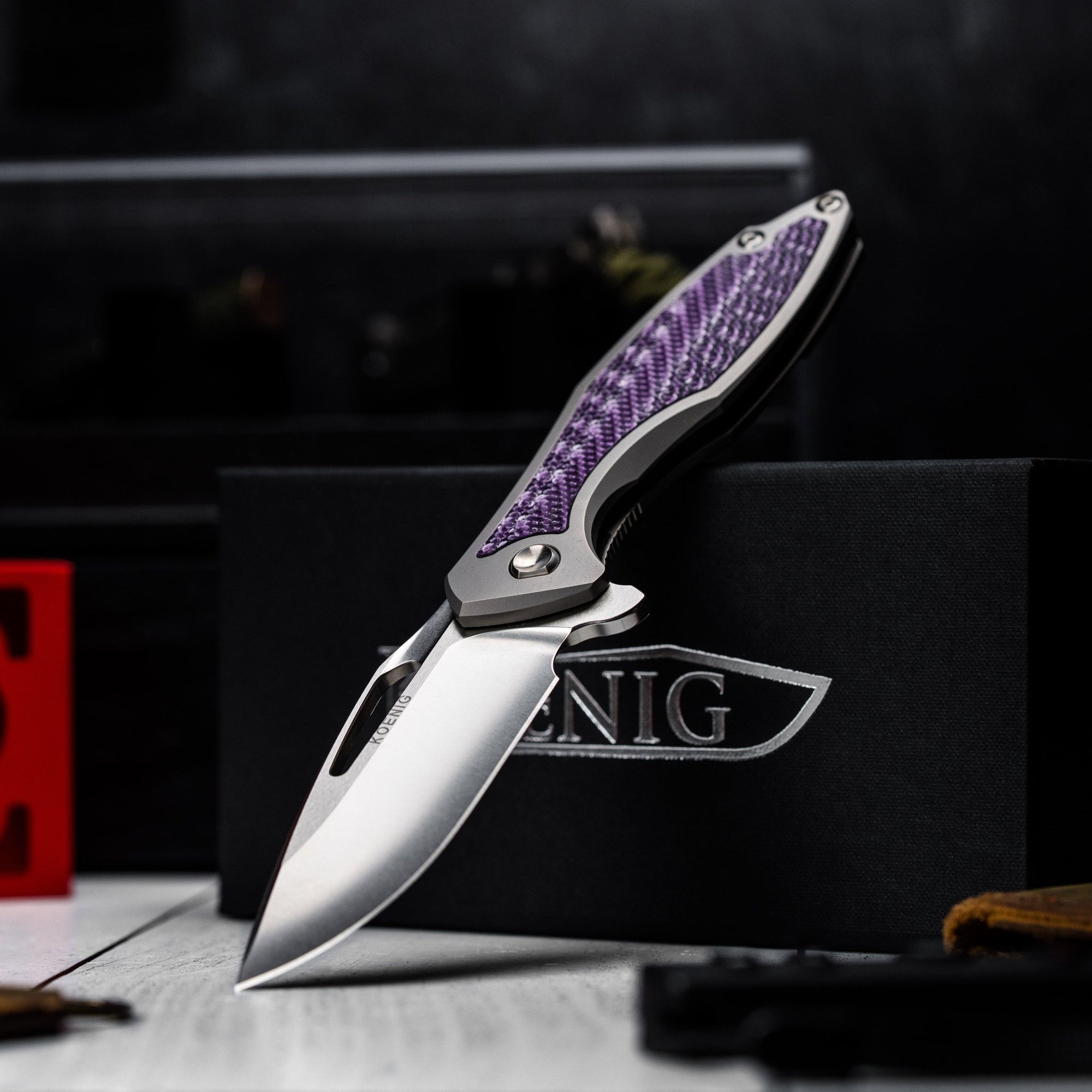 Drop Date (02/04): Koenig Arius Flipper - Brightwashed w/ Polished Flats M390 & Purple Twill Inlay - URBAN EDC®