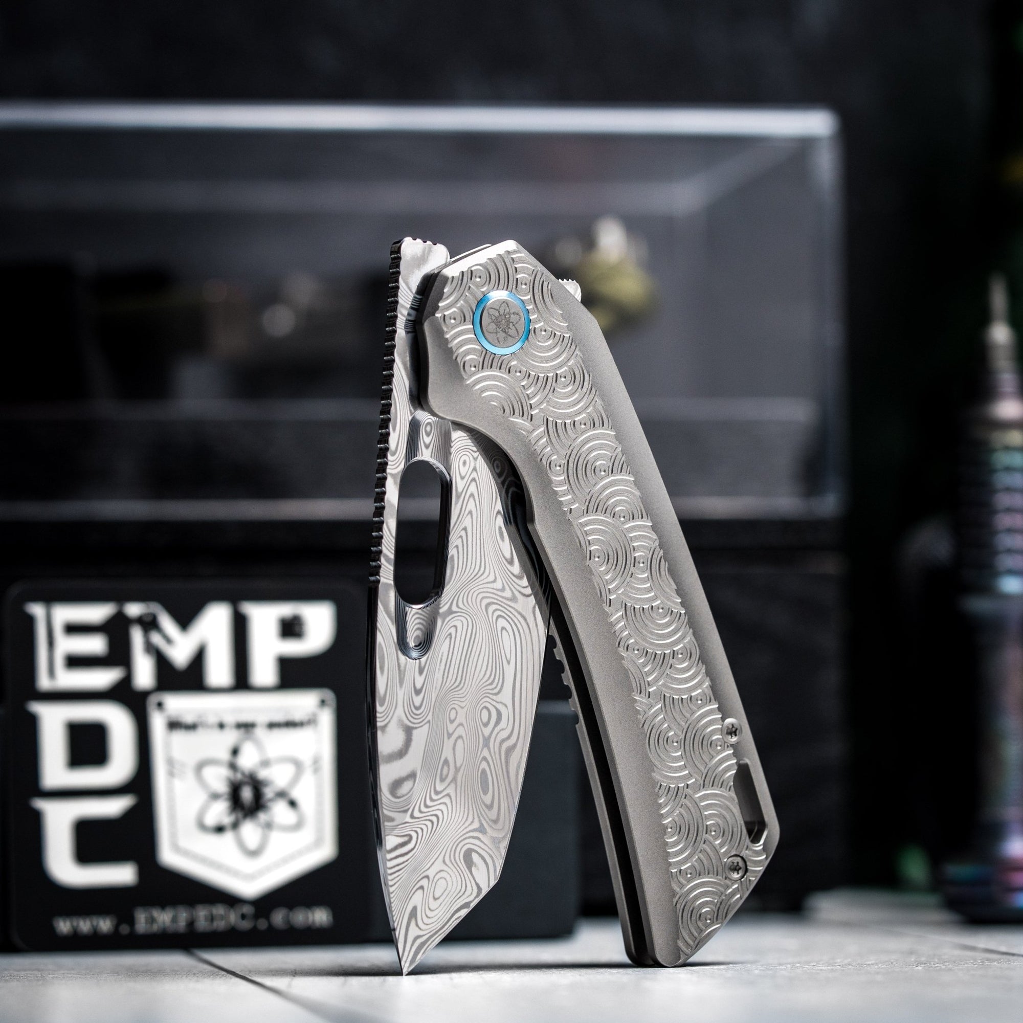 Drop Date (03/11): EMP EDC x URBAN Nymble XT - Damasteel & Bead Blasted Chaos Seigaiha™ Ti w/ Blue ZircuTi Accents - URBAN EDC®