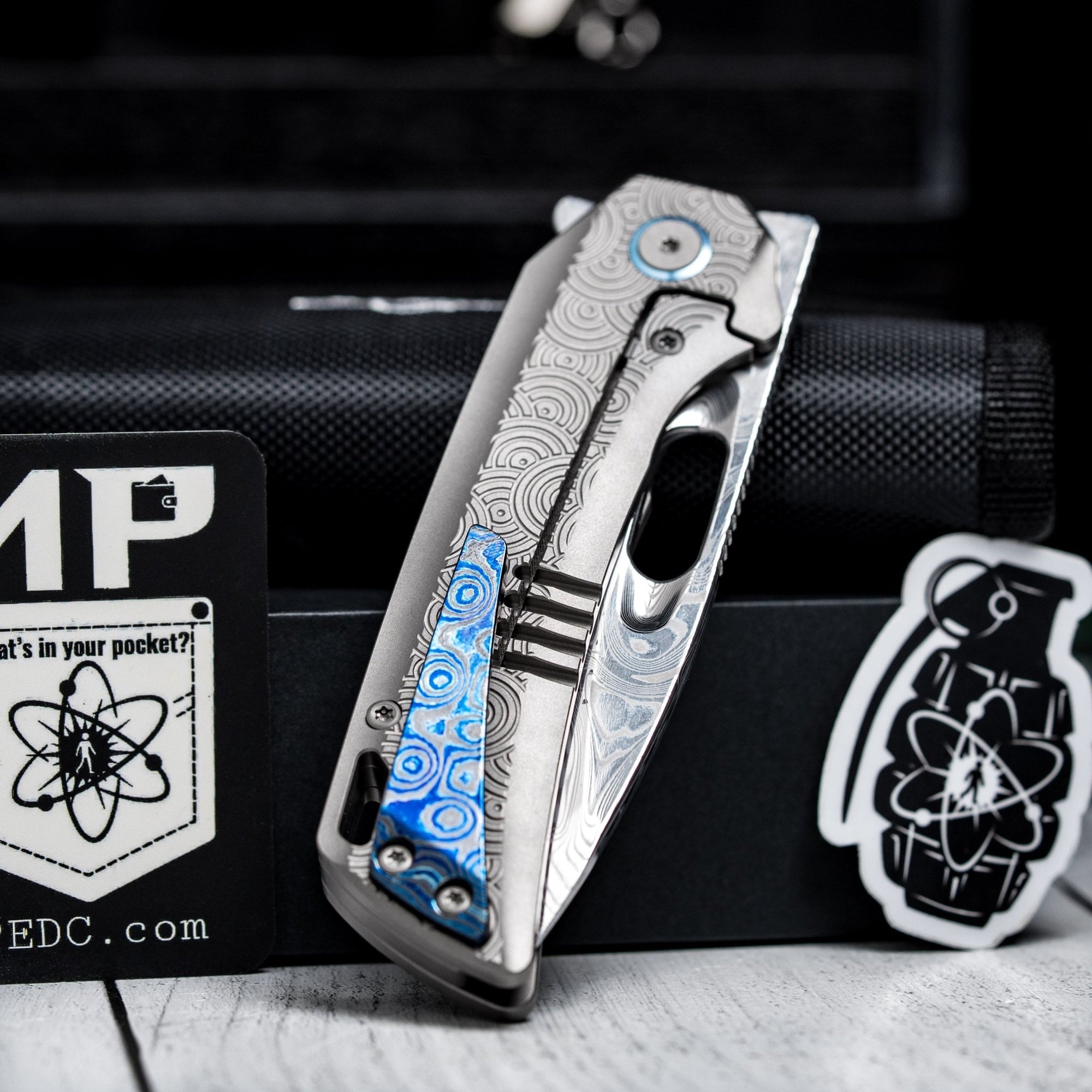 Drop Date (03/11): EMP EDC x URBAN Nymble XT - Damasteel & Bead Blasted Chaos Seigaiha™ Ti w/ Blue ZircuTi Accents - URBAN EDC®