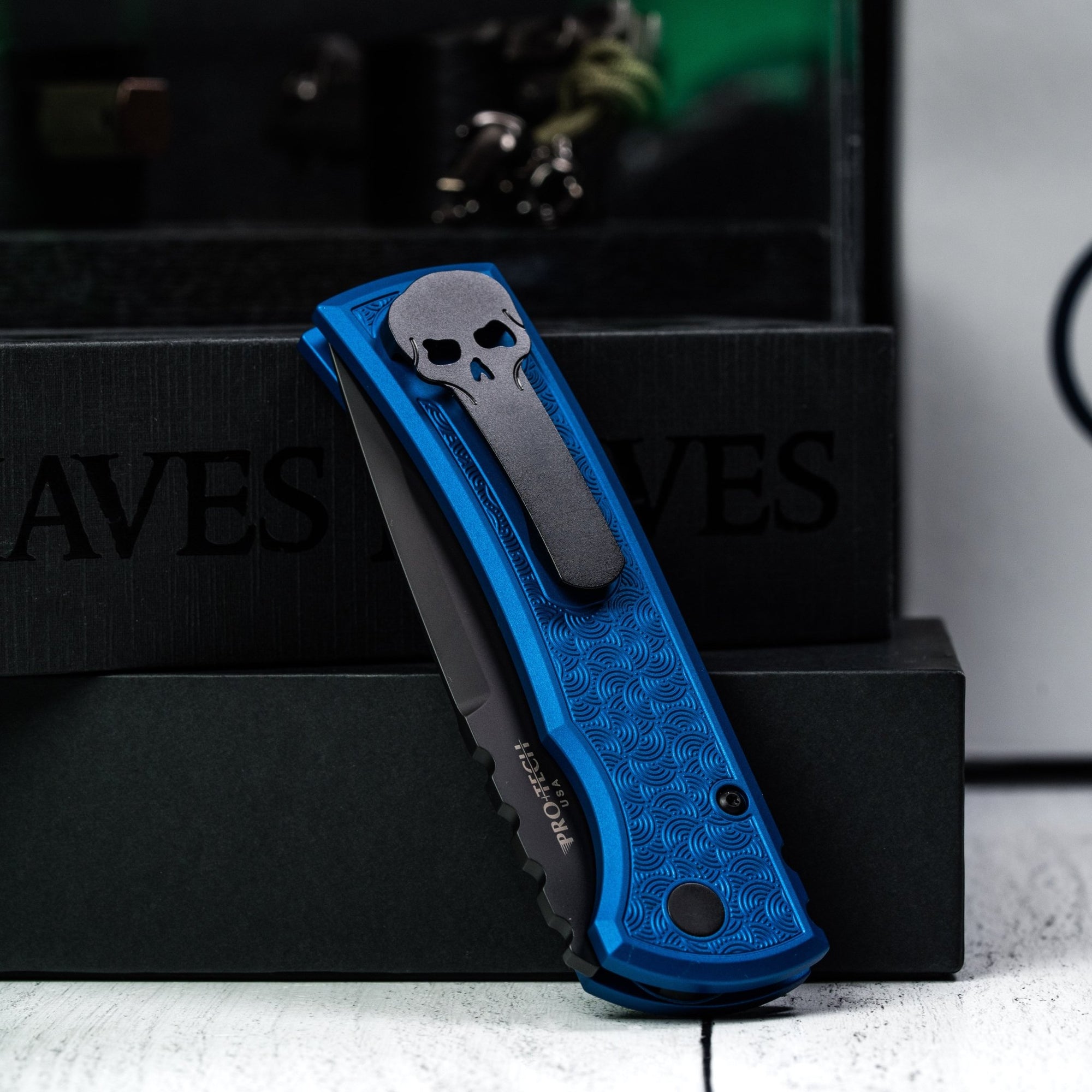 Drop Date (03/18): Chaves x Pro - Tech x URBAN Redencion 229 - Black DLC S35VN & Blue Aluminum w/ Chaos Seigaiha™ - URBAN EDC®