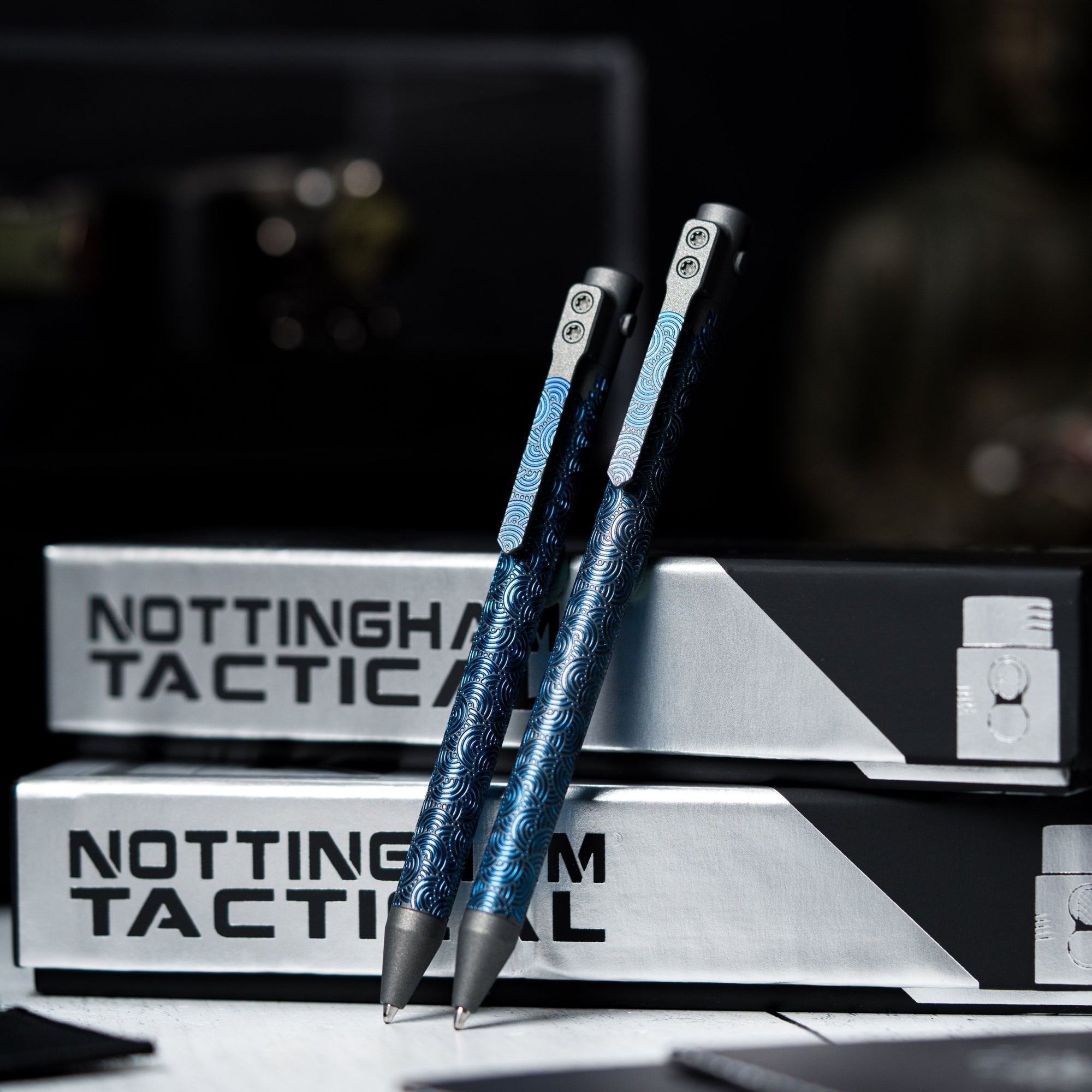 Drop Date (03/25): Nottingham Tactical x URBAN TB360™ Pen - Two - Tone Dark Grey Cerakote & Blue Ano Ti Chaos Seigaiha™ w/ Milled Chaos Seigaiha™ Clip - URBAN EDC®