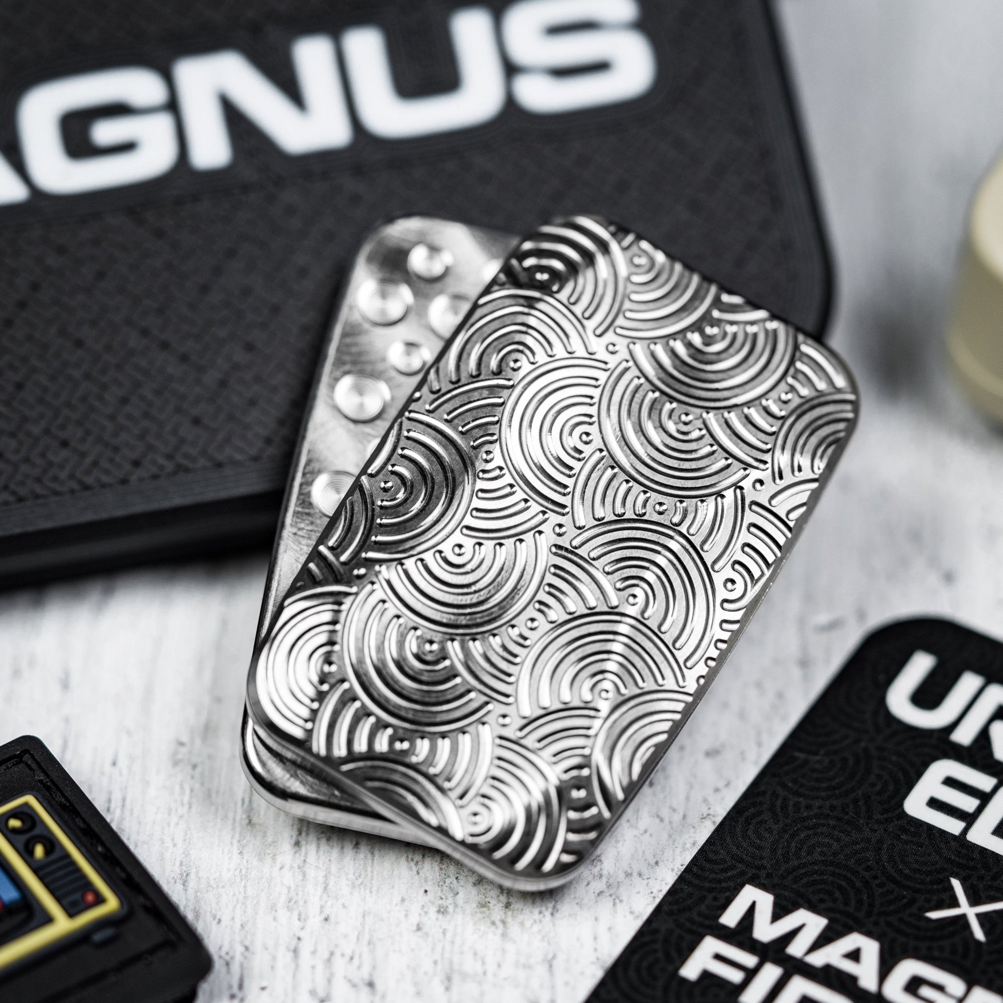 Drop Date (04/01): Magnus x URBAN Squashed Toad Fidget Slider - Natural Titanium w/ Chaos Seigaiha™ & SS Swiss Plates - URBAN EDC®