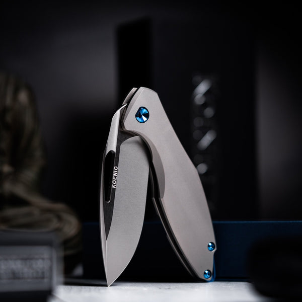 Drop Date (04/22): Koenig Arius Flipper - Burnished M390 w/ Polished Flats & Titanium w/ Blue Accents - URBAN EDC®