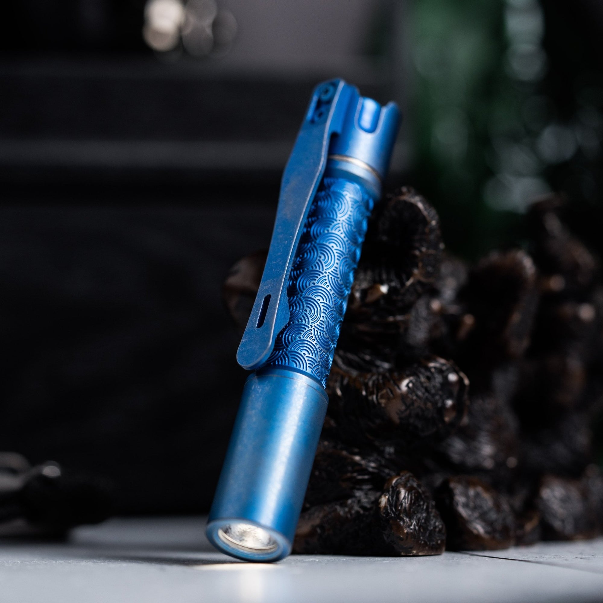 Drop Date (05/06): Reylight x URBAN Pineapple Mini Flashlight - Blue Stonewash Ti Chaos Seigaiha™ w/ Milled Ti Clip - URBAN EDC®