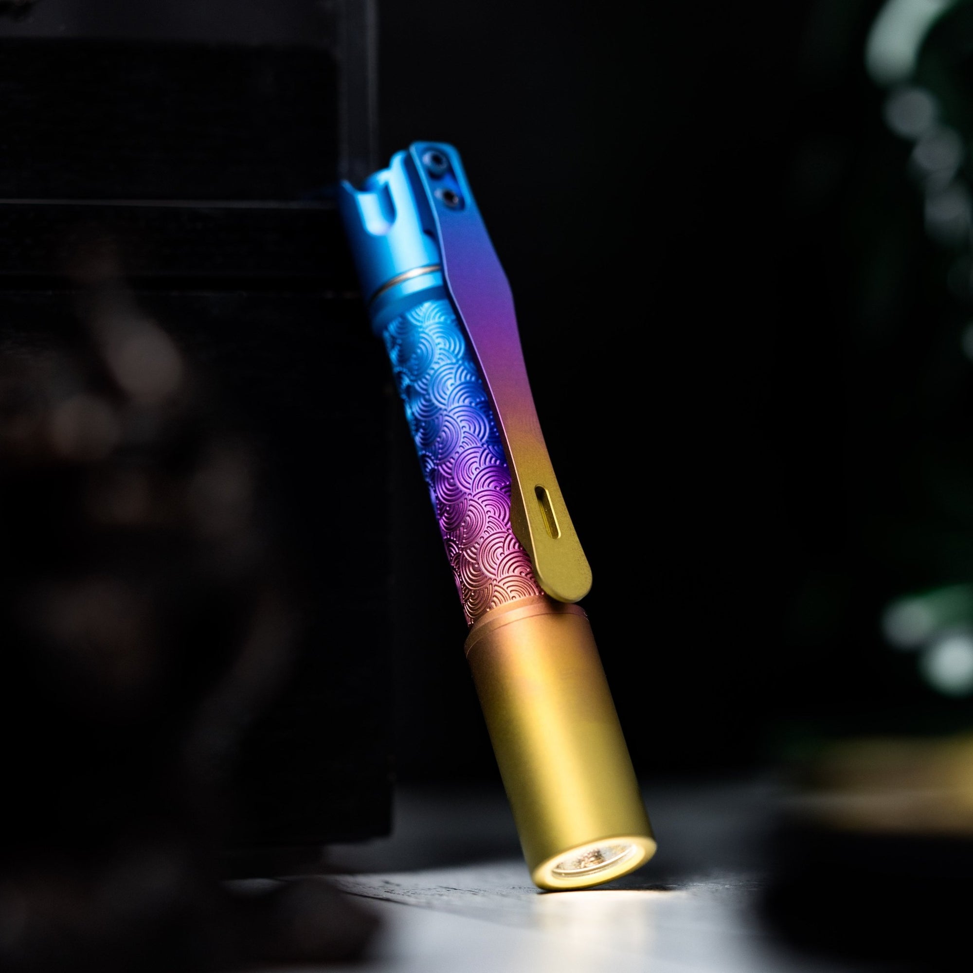 Drop Date (05/27): Reylight x URBAN Pineapple Mini Flashlight - Fade Rainbow Ti Chaos Seigaiha™ w/ Milled Ti Clip - URBAN EDC®