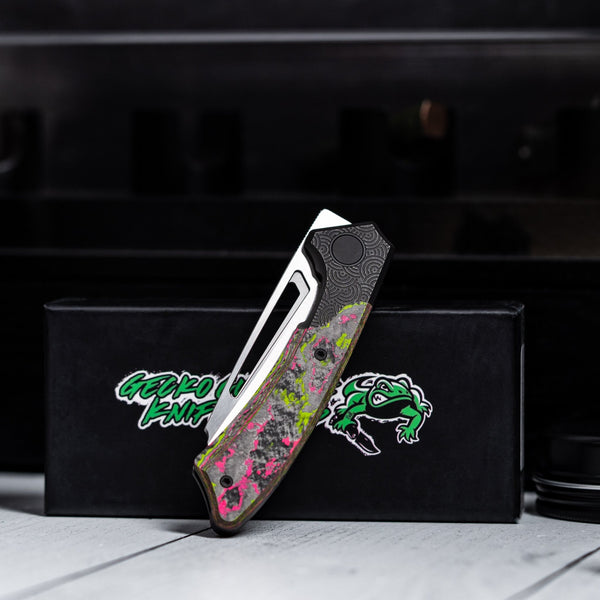 Drop Date (06/10): Gecko x URBAN Pictus V2 - Belt Satin Vanax & Blackwashed Ti Chaos Seigaiha™ w/ Watermelon Sugar Camo Carbon - URBAN EDC®