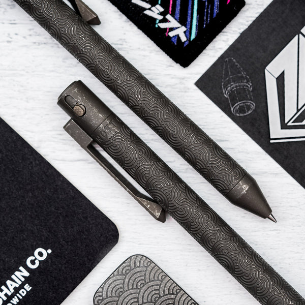 Drop Date (06/18): Nottingham Tactical x URBAN TiButton Single Lock Pen - Battle Ground Two - Tone Ti Chaos Seigaiha w/ Milled Chaos Seigaiha Clip - URBAN EDC®