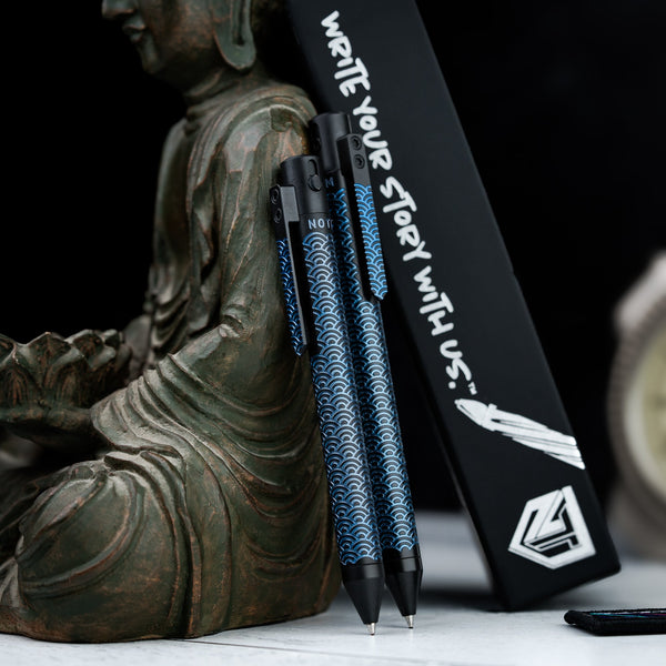 Drop Date (06/18): Nottingham Tactical x URBAN TiButton Single Lock Pen - Two - Tone Black Ti Cerakote & Blue Seigaiha w/ Milled Seigaiha Clip - URBAN EDC®