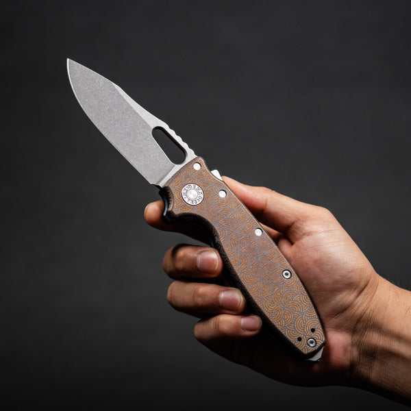 Drop Date (08/05): Demko x URBAN Shark-A-Tac - Magnacut Clip Point & Blue Titanium w/ Bronze Chaos Seigaiha™ (Custom) - URBAN EDC®
