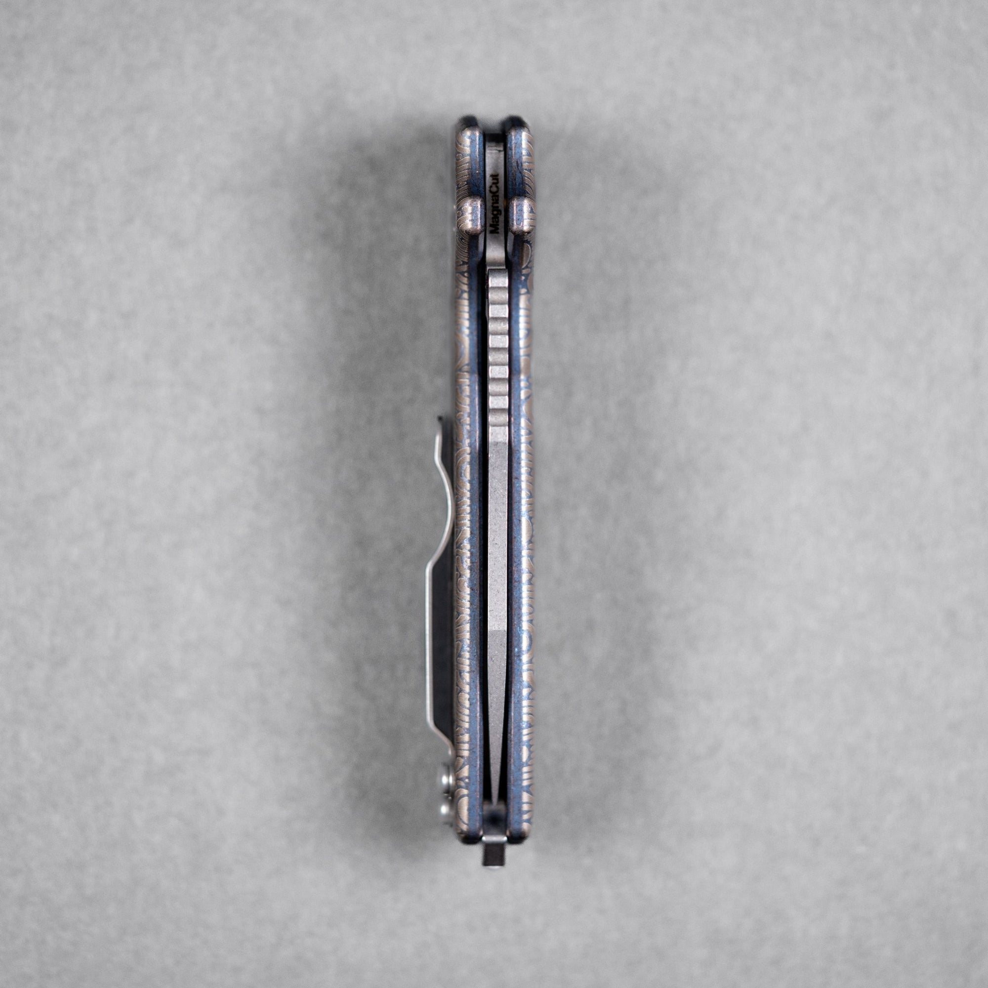 Drop Date (08/05): Demko x URBAN Shark-A-Tac - Magnacut Clip Point & Blue Titanium w/ Bronze Chaos Seigaiha™ (Custom) - URBAN EDC®