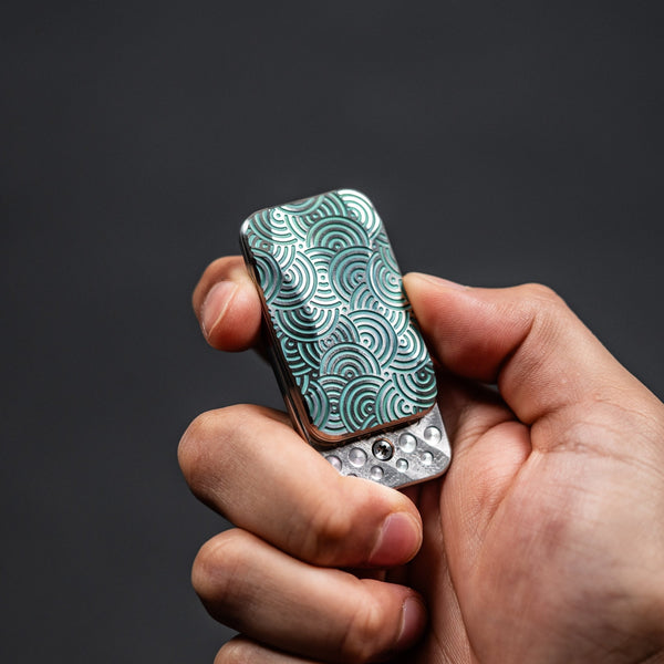 Drop Date (08/05): Magnus x URBAN Squashed Toad Fidget Slider - Green Titanium w/ Chaos Seigaiha™ & SS Swiss Plates - URBAN EDC®