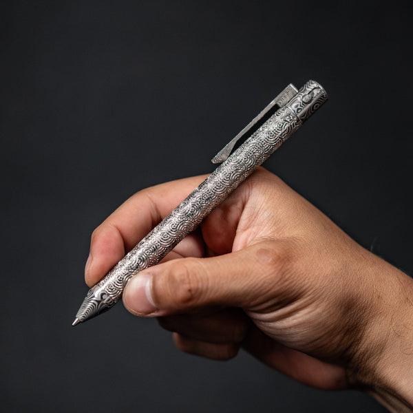 Drop Date (08/12): Nottingham Tactical x URBAN TiButton Single Lock Pen - Odin's Eye Damasteel w/ Chaos Seigaiha™ - URBAN EDC®