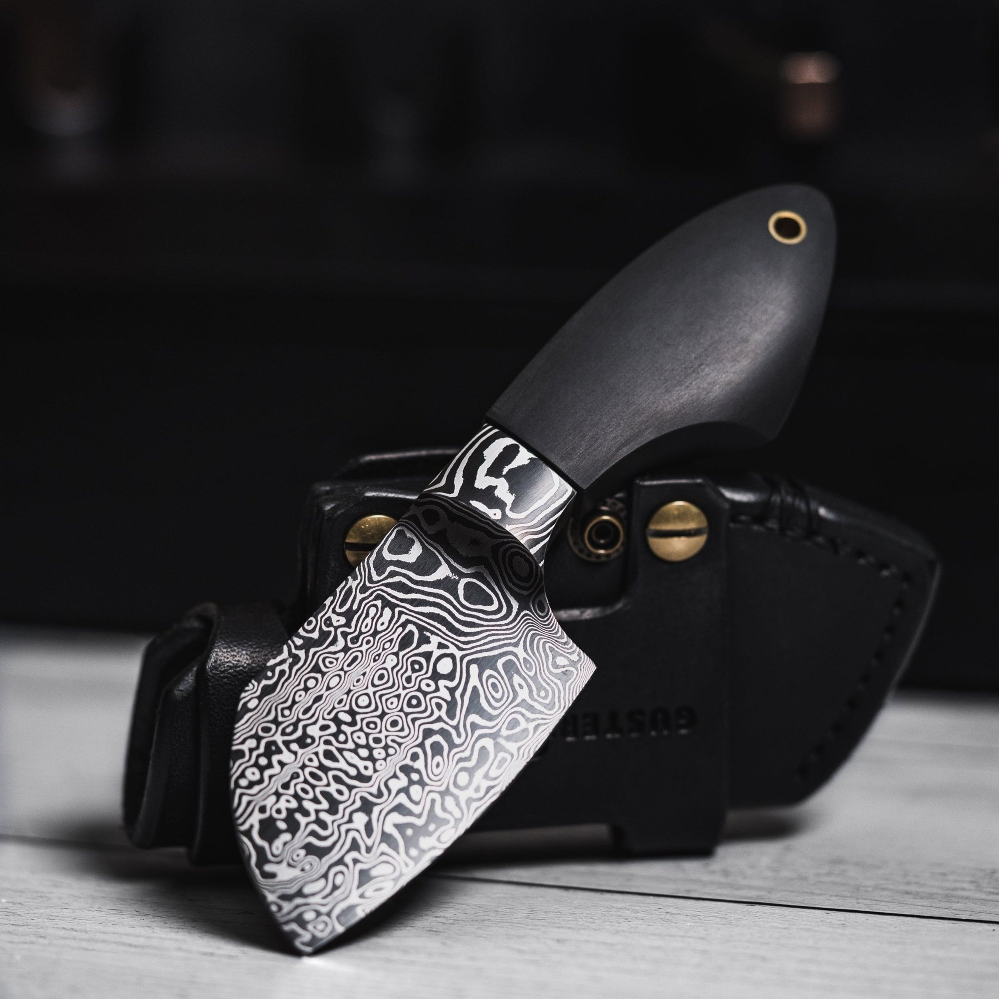Drop Date (08/19): JSK Mini Cleaver - Damascus & Black Richlite w/ Brass Spacer (Custom) - URBAN EDC®