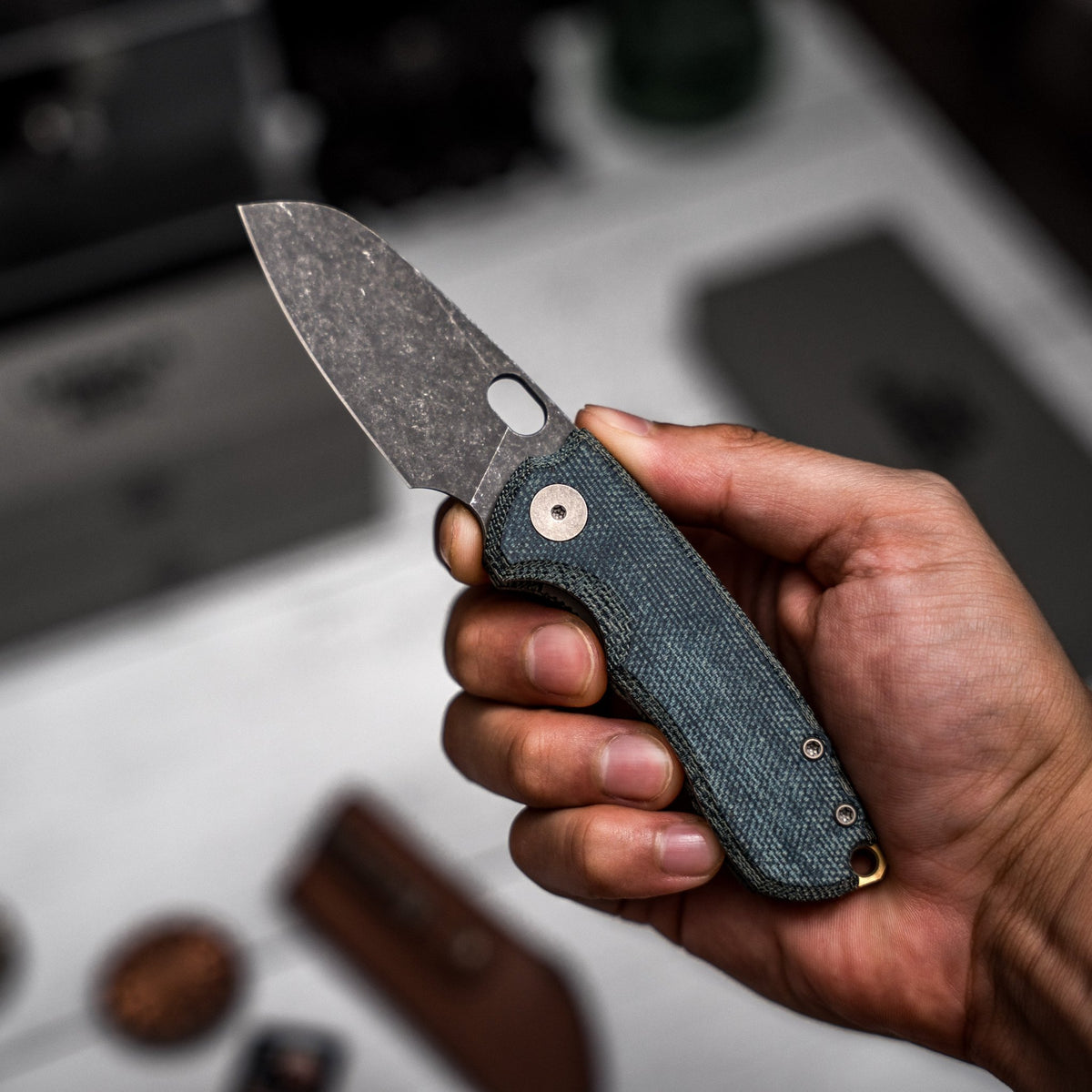 Drop Date (08/26): URBAN Jib - Acid-Etched Vanax & Blue Denim Micarta Linerlock w/ Bronze Backspacer - URBAN EDC®