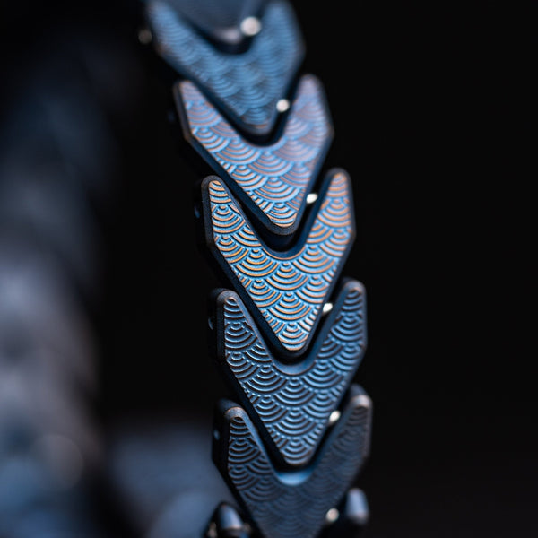 Drop Date (09/16): Tomas Makes x URBAN Vector Bracelet - Blue & Gold Brush Stonewash Titanium w/ Seigaiha (Custom) - URBAN EDC®