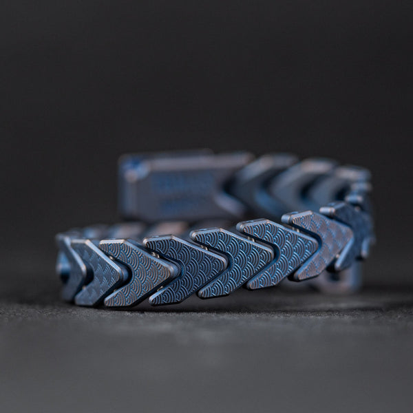 Drop Date (09/16): Tomas Makes x URBAN Vector Bracelet - Blue & Gold Brush Stonewash Titanium w/ Seigaiha (Custom) - URBAN EDC®