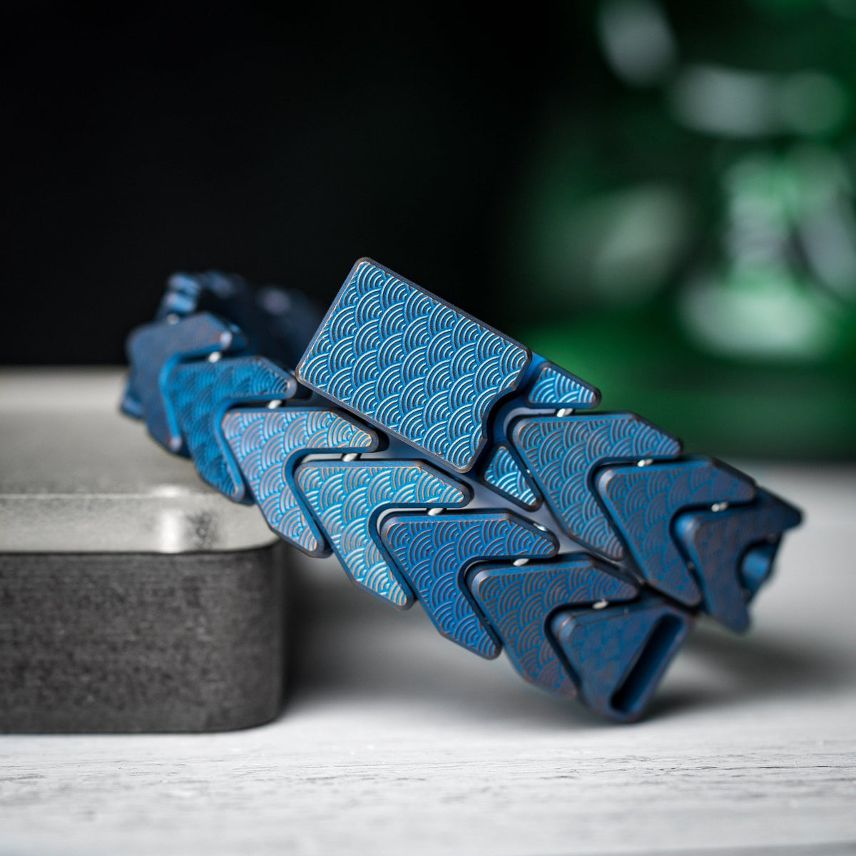 Drop Date (09/16): Tomas Makes x URBAN Vector Bracelet - Blue & Gold Brush Stonewash Titanium w/ Seigaiha (Custom) - URBAN EDC®