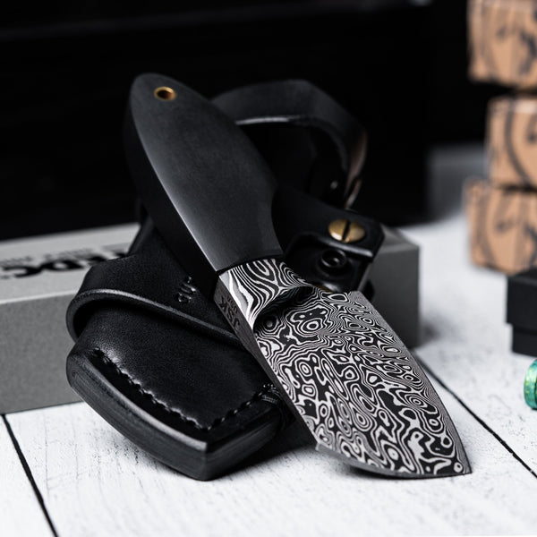 Drop Date (10/01): JSK Mini Cleaver - Damascus Steel & Black Handles w/ Brass Lanyard Tube (Custom) - URBAN EDC®