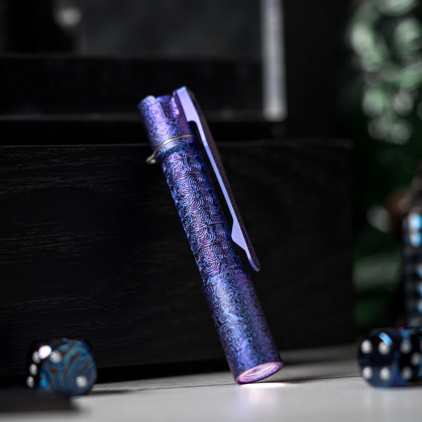 Drop Date (10/14): Reylight x URBAN Pineapple Mini Flashlight - Purple Threads Ti Chaos Seigaiha™ w/ Milled Ti Clip - URBAN EDC®