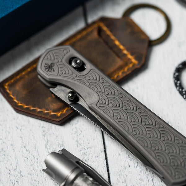 Drop Date (12/23): Piratech x URBAN Tsunami - Satin DLC S90V w/ Bead Blast Titanium Seigaiha - URBAN EDC®