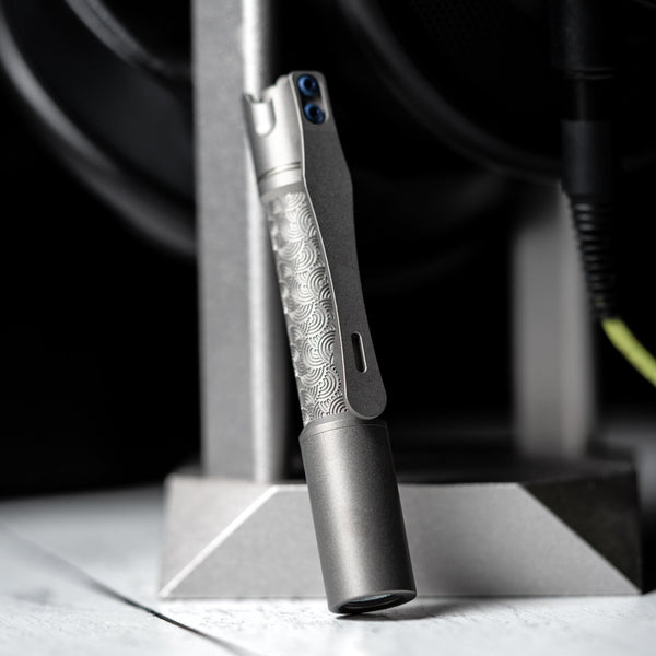 Drop Date (12/23): Reylight x URBAN Pineapple Mini Flashlight - Beadblasted Ti Chaos Seigaiha™ w/ Milled Ti Clip - URBAN EDC®