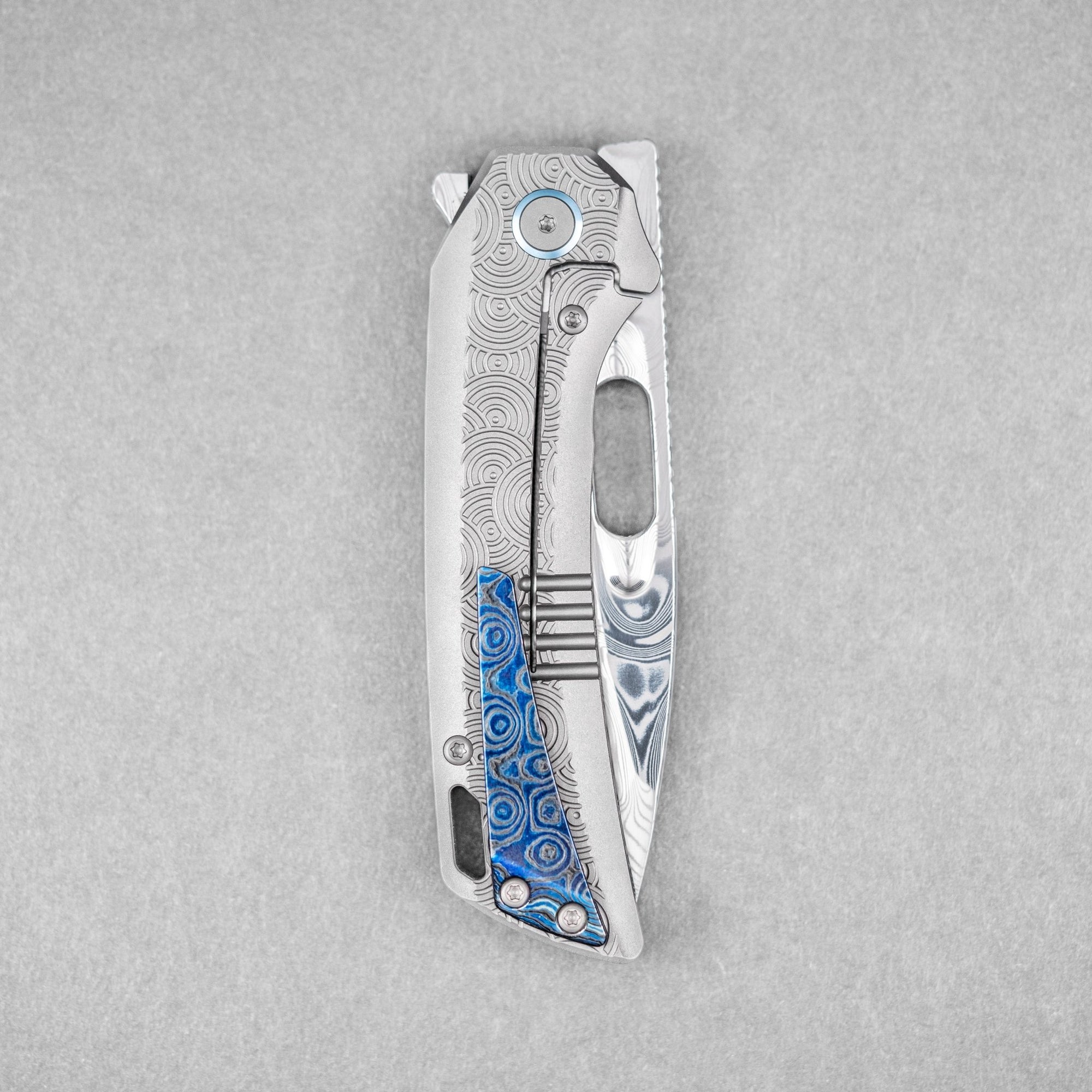 EMP EDC x URBAN Nymble XT - Damasteel & Bead Blasted Chaos Seigaiha™ Ti w/ Blue ZircuTi Accents - URBAN EDC®