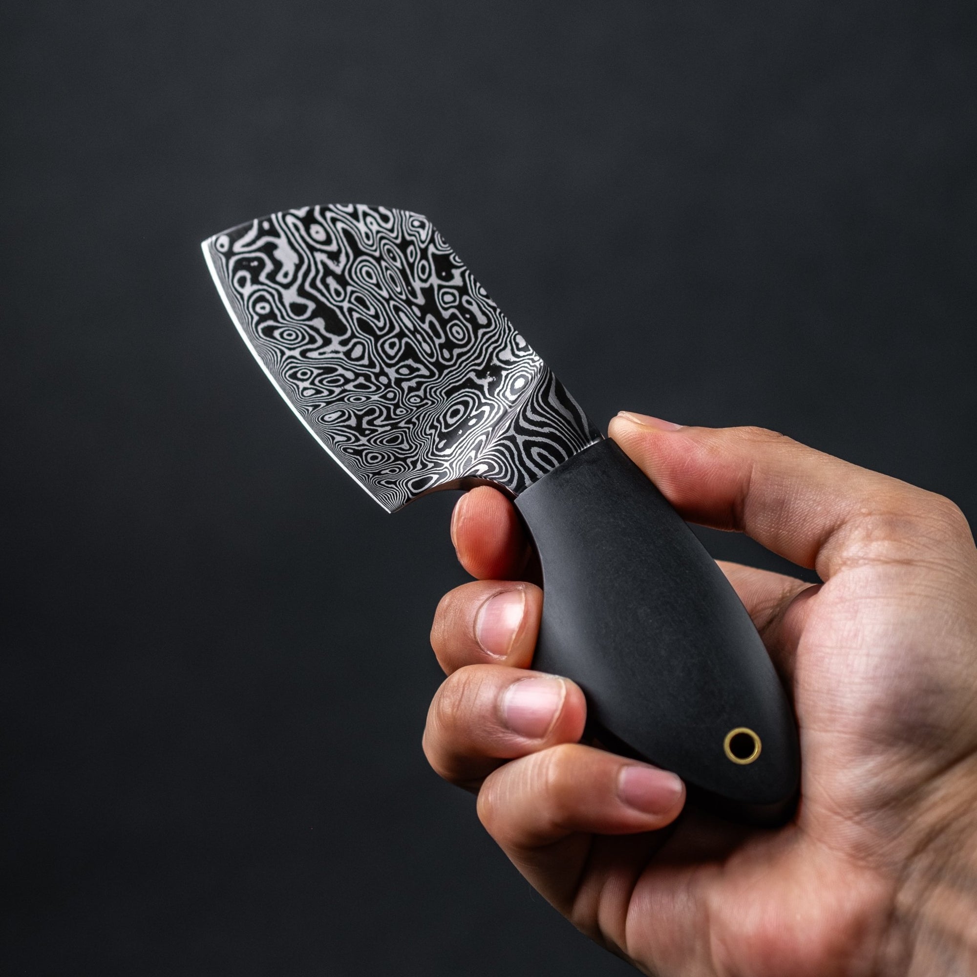 JSK Mini Cleaver - Damascus Steel & Black Richlite Micarta w/ Brass Lanyard Tube (Custom) - URBAN EDC®