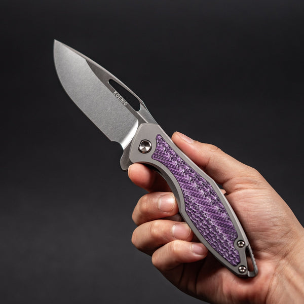 Koenig Arius Flipper - Brightwashed w/ Polished Flats M390 & Purple Twill Inlay - URBAN EDC®
