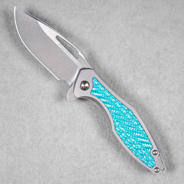 Koenig Mini Arius Flipper - Brightwashed w/ Polished Flats M390 & Aqua Teal Twill Inlay - URBAN EDC®