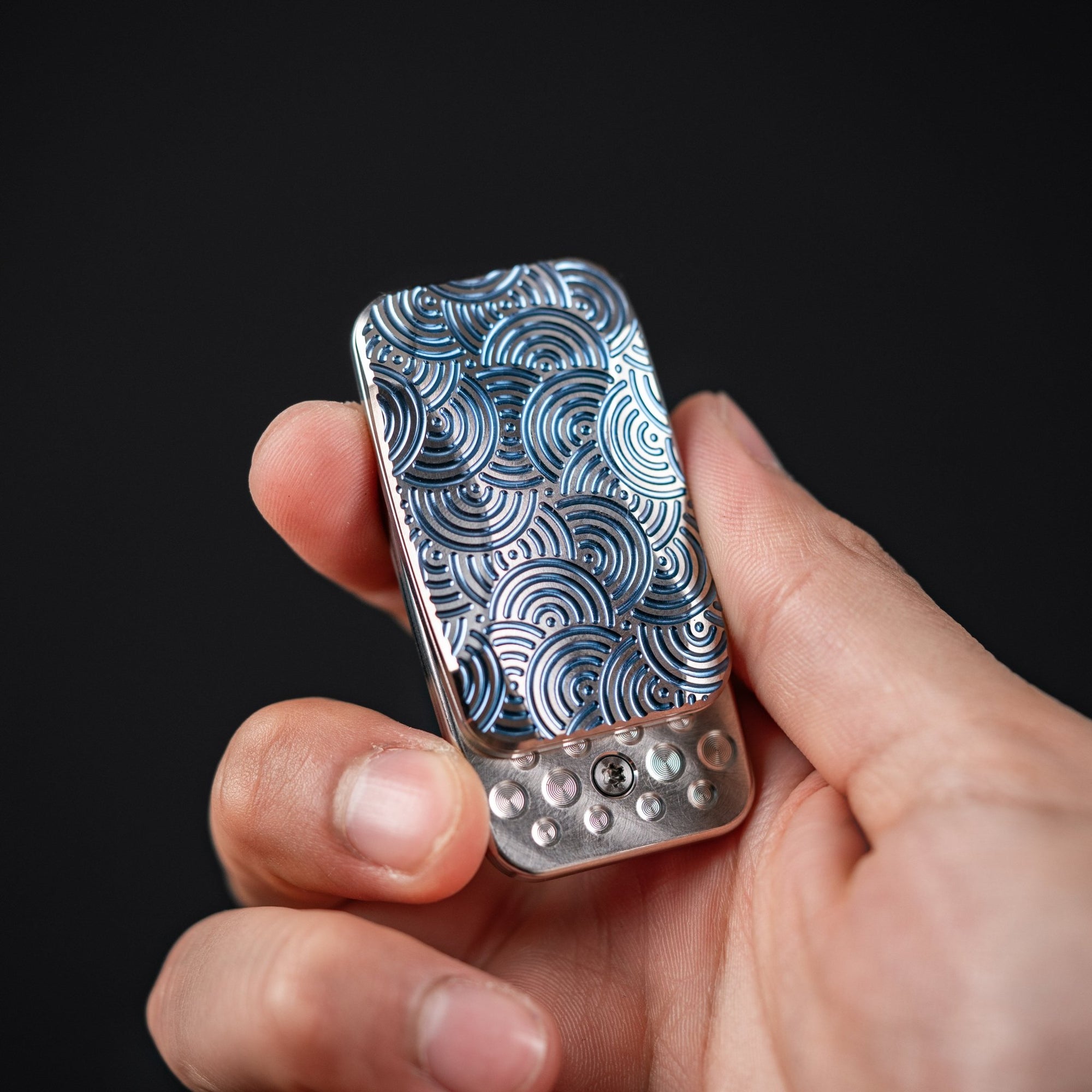 Magnus x URBAN Squashed Toad Fidget Slider - Mid Blue Titanium w/ Chaos Seigaiha™ & SS Swiss Plates - URBAN EDC®