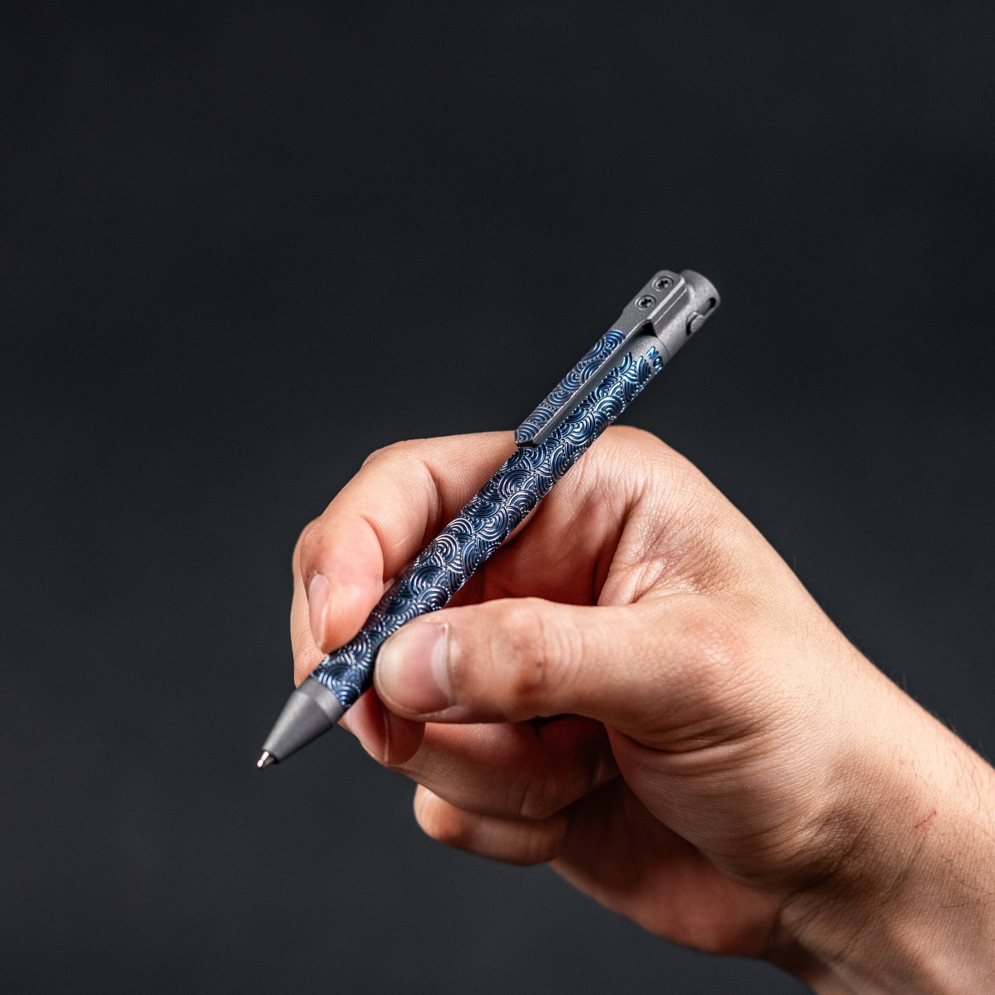 Nottingham Tactical x URBAN TB360™ Pen - Two - Tone Dark Grey Cerakote & Blue Ano Ti Chaos Seigaiha™ w/ Milled Chaos Seigaiha™ Clip - URBAN EDC®