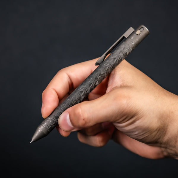 Nottingham Tactical x URBAN TiButton Single Lock Pen - Battle Ground Two - Tone Ti Chaos Seigaiha w/ Milled Chaos Seigaiha Clip - URBAN EDC®